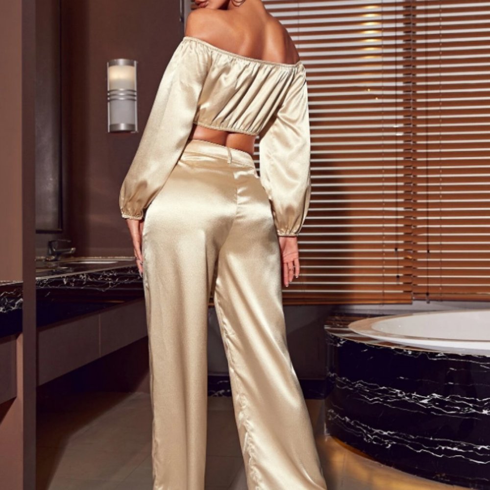 Gold Satin Two Piece Set - Picture 2 of 4